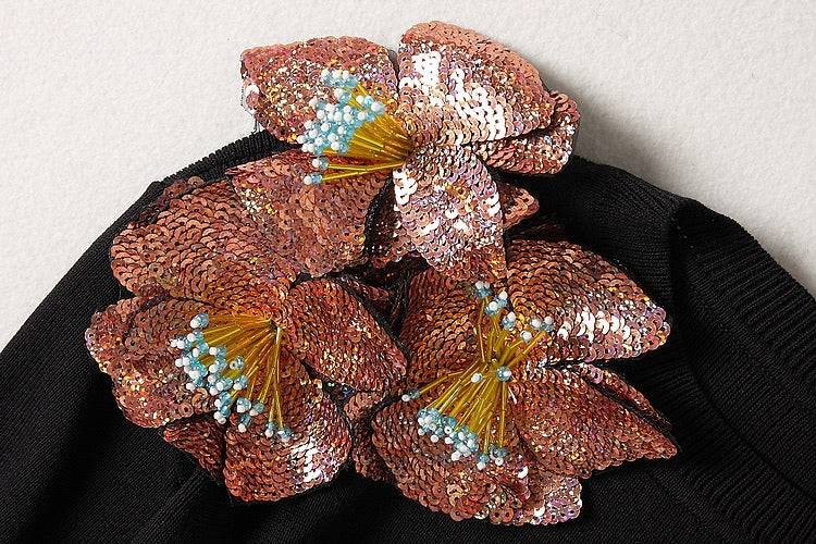 Black Two Piece Knit Set With Sequin Flowers - BEYAZURA.COM