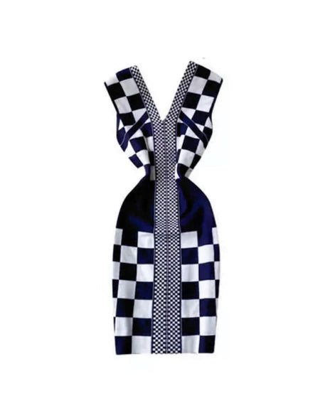 Blue Checker Knitted Bodycon Dress - BEYAZURA.COM
