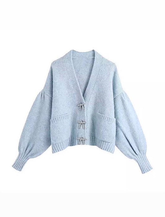 Blue Cozy Loose Sleeve Sweater With Rhinestone Buttons - BEYAZURA.COM