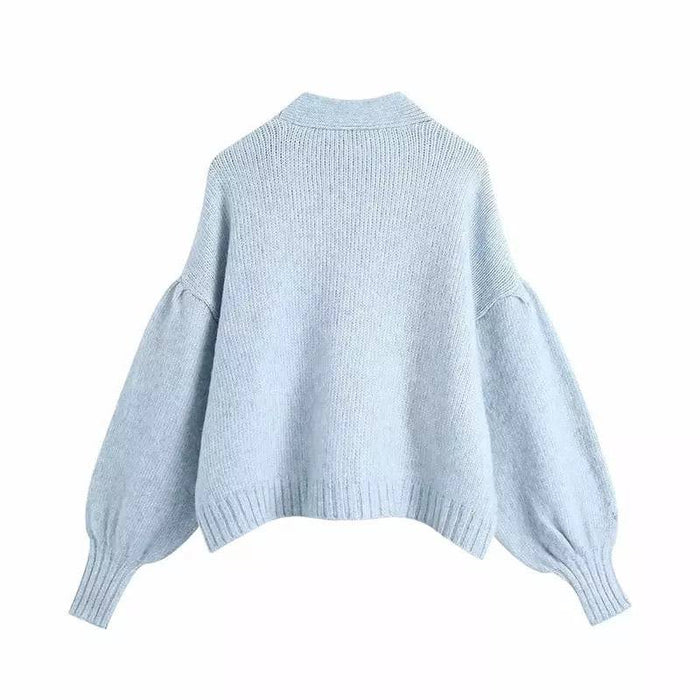 Blue Cozy Loose Sleeve Sweater With Rhinestone Buttons - BEYAZURA.COM