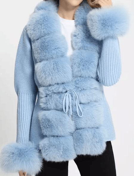 Blue Detachable Fox Fur Trimmed Ribbed Knit Sweater - BEYAZURA.COM