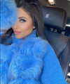 Blue Detachable Fox Fur Trimmed Ribbed Knit Sweater - BEYAZURA.COM