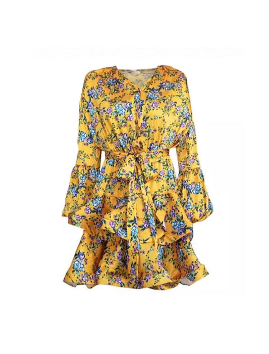 Blue Floral Print Yellow Short Dress - BEYAZURA.COM