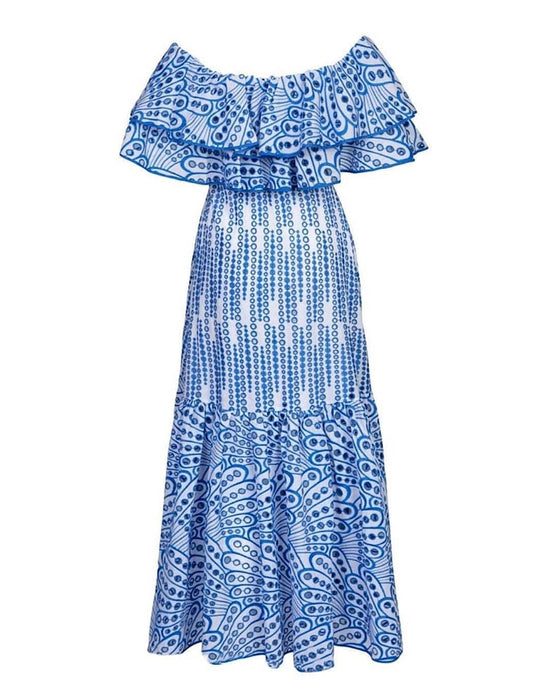Blue Hollow Printed Ruffle Dress - BEYAZURA.COM