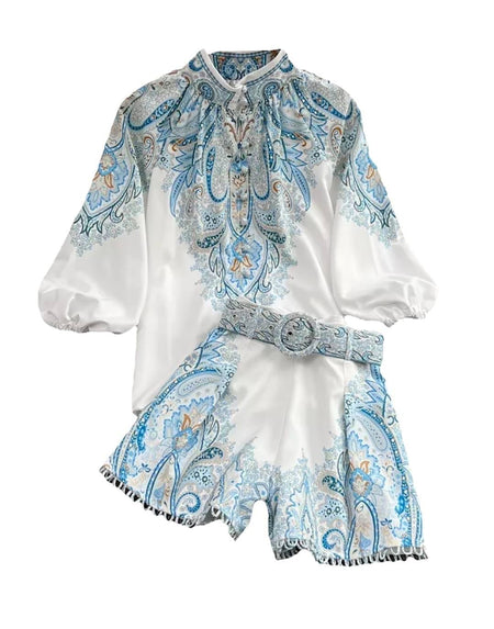 Blue Paisley Print Shirt and Shorts Two Piece Set - BEYAZURA.COM