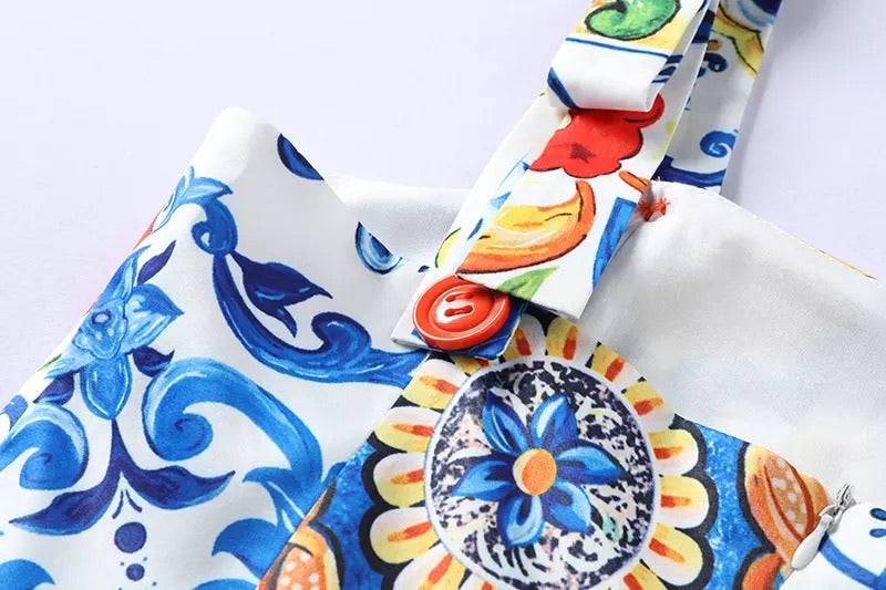 Blue Porcelain Print Bow Strapped Dress - BEYAZURA.COM