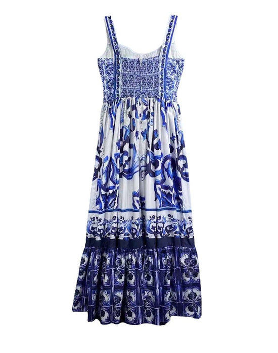 Blue Print Flowy Long Dress - BEYAZURA.COM