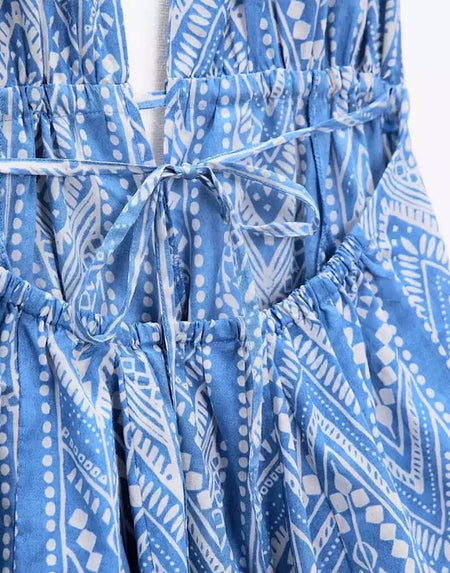 Blue Printed Halter Dress - BEYAZURA.COM