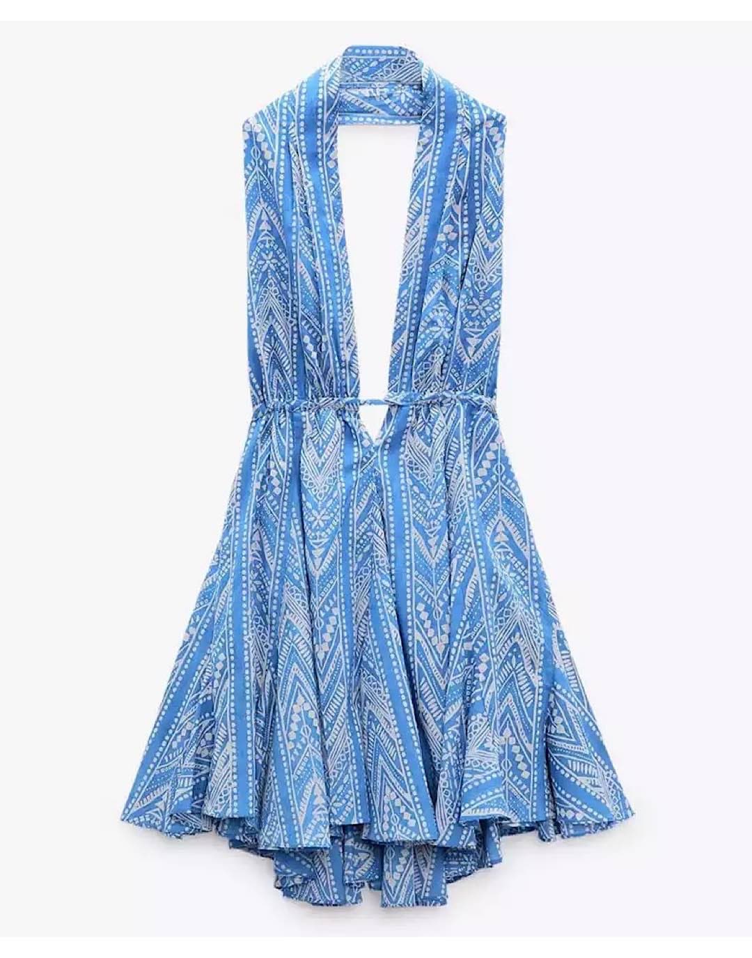 Blue Printed Halter Dress– Beyazura.com