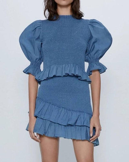 Blue Puff Sleeve Elastic Top And Skirt Two Piece Set - BEYAZURA.COM