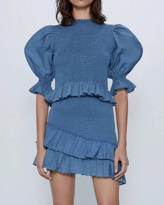 Blue Puff Sleeve Elastic Top And Skirt Two Piece Set - BEYAZURA.COM