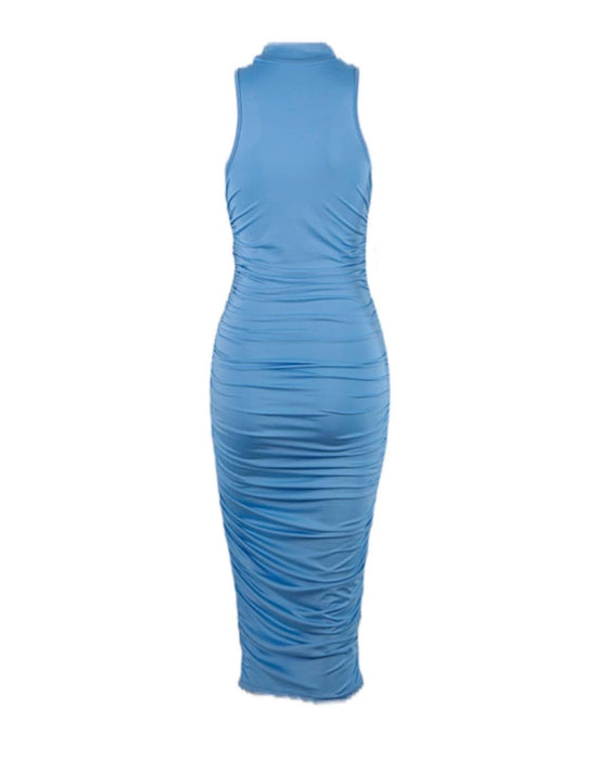 Blue Sleeveless Ruched Bodycon Dress - BEYAZURA.COM