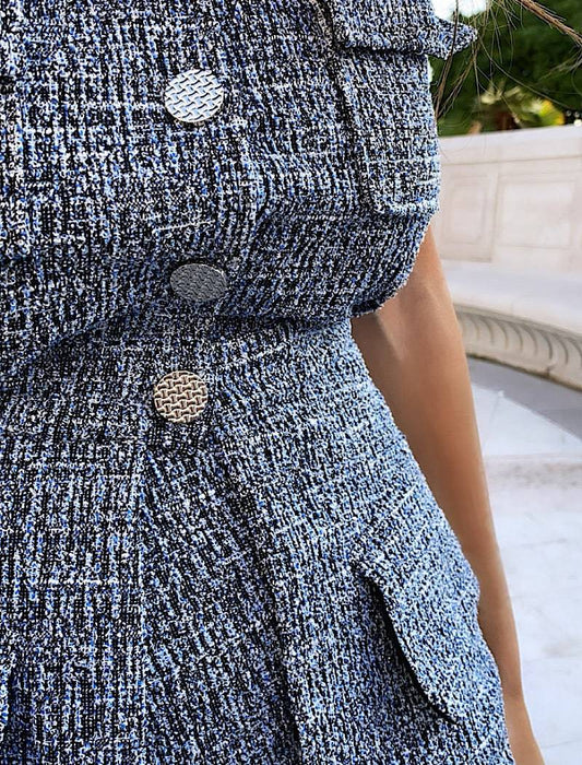 Blue Sleeveless Top With Short Skirt Tweed Two Piece Set - BEYAZURA.COM