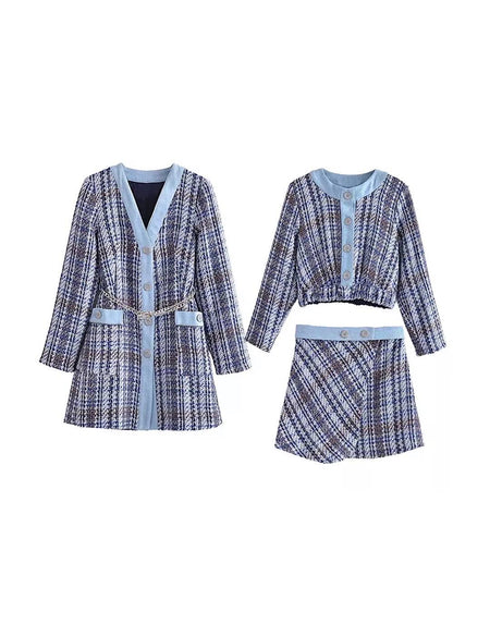 Blue Tweed Textured Skirt With Top And Coat - BEYAZURA.COM