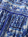 Blue White Porcelain Print Long Chiffon Dress - BEYAZURA.COM