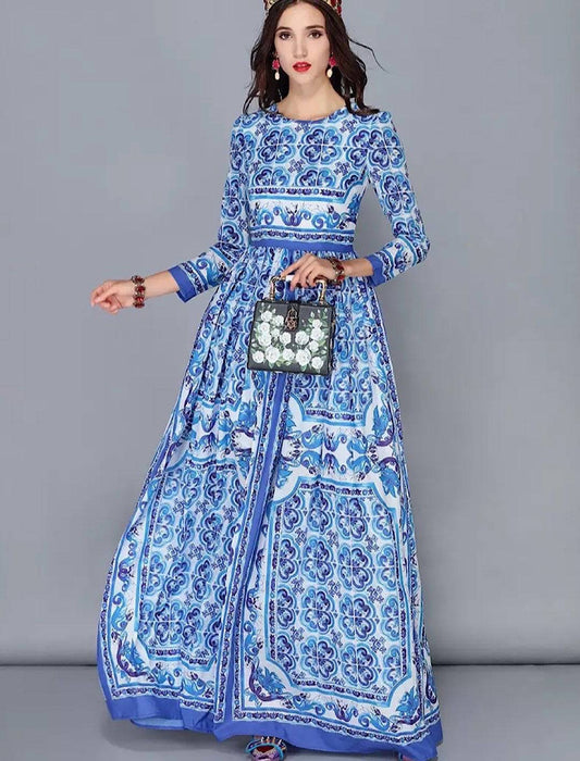 blue and white porcelain pattern dress Halter Top Blue & White Porcelain Pattern Chinese Style Evening Dress Blue / 6XL