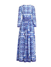 Blue White Porcelain Print Long Chiffon Dress - BEYAZURA.COM