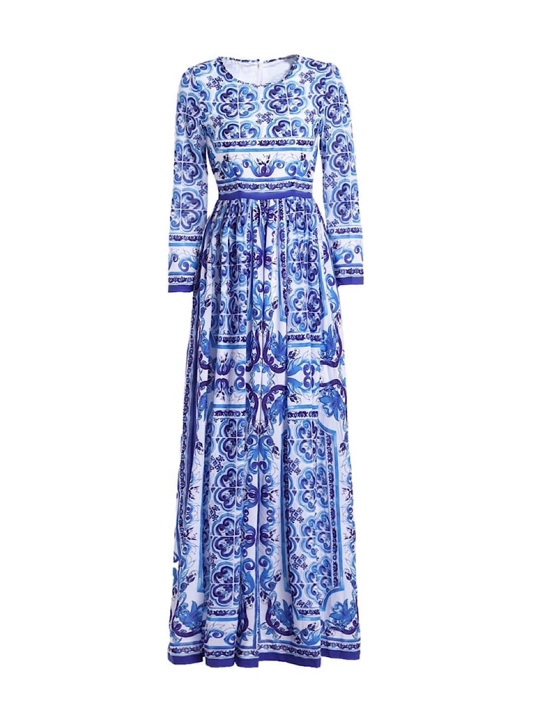 Blue White Porcelain Print Long Chiffon Dress Beyazura.com