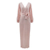 Blush Pink Lantern Sleeve Tie Waist Long Dress - BEYAZURA.COM