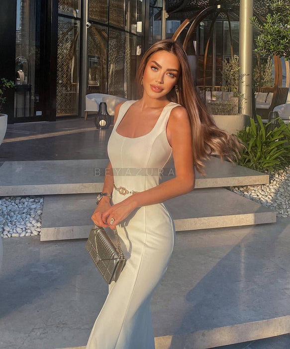 Bodycon Slim Midi Dress In Cream Beyazura.com Bodycon Slim Midi Dress In Cream Beyazura.com