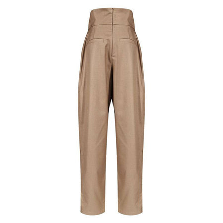 Brown High Waisted Ruched Gold Button Pants - BEYAZURA.COM