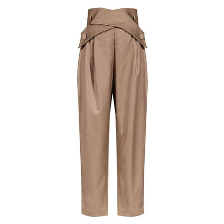 Brown High Waisted Ruched Gold Button Pants - BEYAZURA.COM