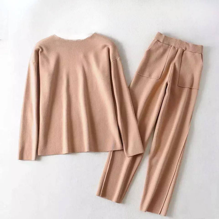 Brown Knit Long Sleeve Top and Slim Trouser Two Piece Set - BEYAZURA.COM