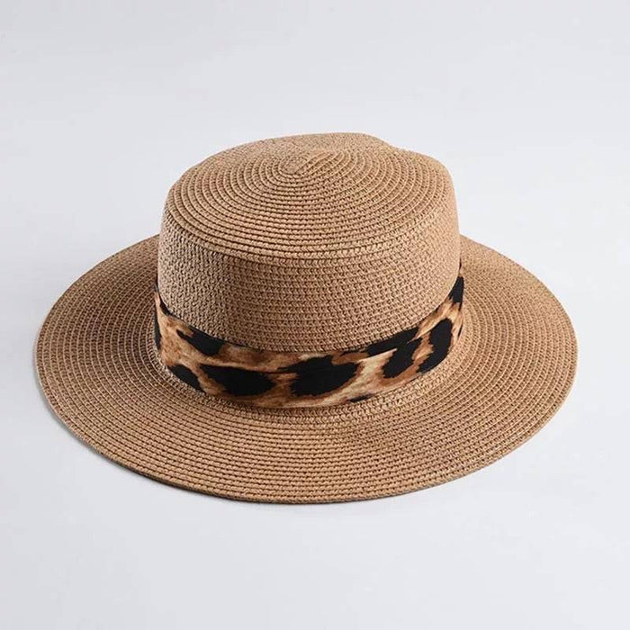Brown Paper Straw Summer Hat With Leopard Ribbon - BEYAZURA.COM