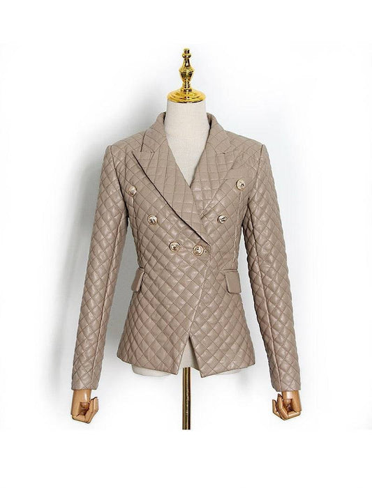 Brown Plaid Pattern Pu Leather Jacket Blazer - BEYAZURA.COM