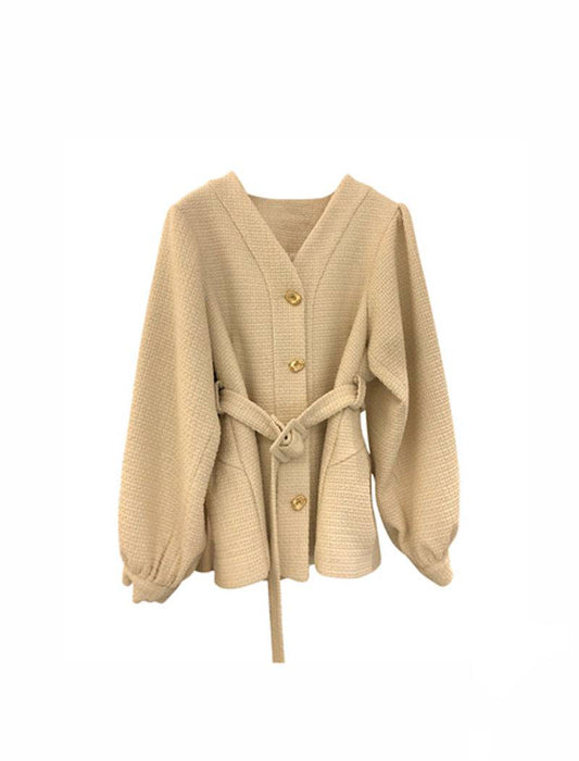 Brown Tweed V Neck Belted Outerwear Coat - BEYAZURA.COM