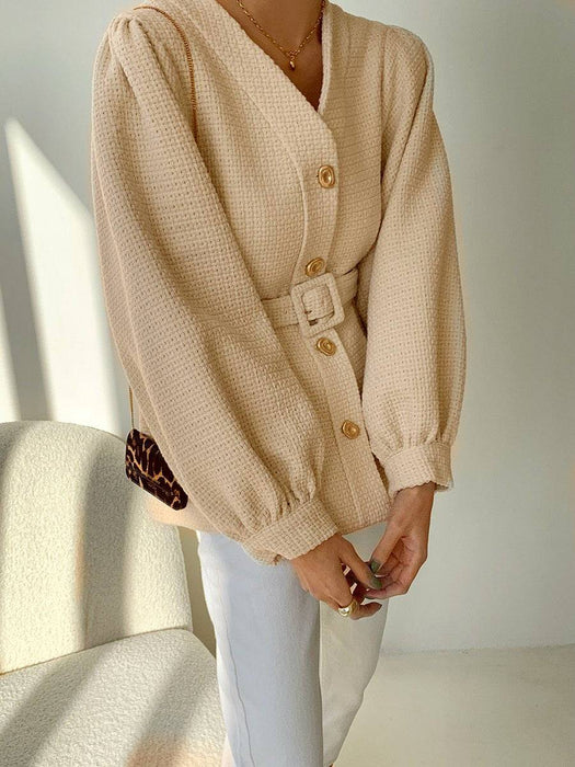 Brown Tweed V Neck Belted Outerwear Coat - BEYAZURA.COM
