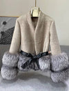 Cashmere Jacket with Dusty Black Fox Fur Trim Leather Waist Tie - BEYAZURA.COM