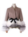 Cashmere Jacket with Dusty White Fox Fur Trim Leather Waist Tie - BEYAZURA.COM