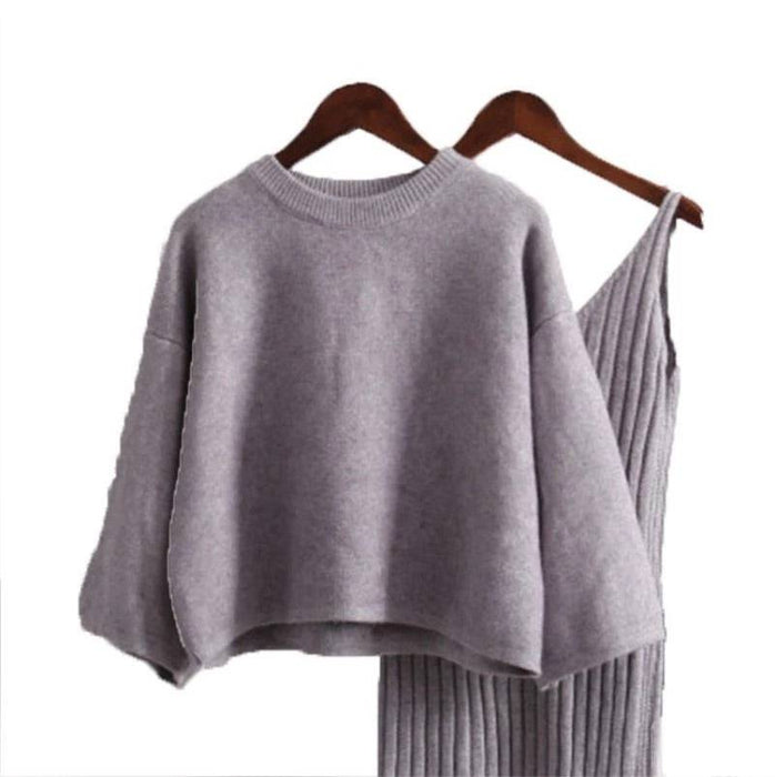 Cashmere Soft Ribbed Knit Dress And Long Sleeve Sweater Two Piece Set - BEYAZURA.COM