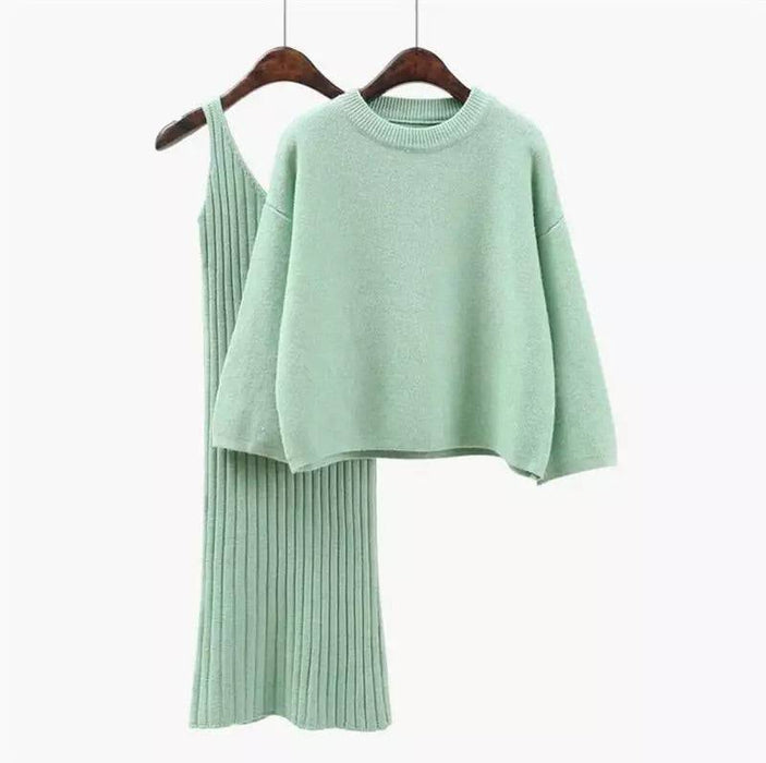 Cashmere Soft Ribbed Knit Dress And Long Sleeve Sweater Two Piece Set - BEYAZURA.COM