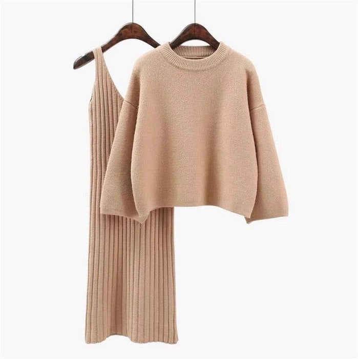 Cashmere Soft Ribbed Knit Dress And Long Sleeve Sweater Two Piece Set - BEYAZURA.COM