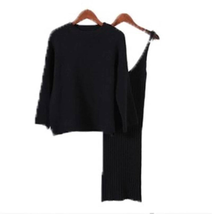 Cashmere Soft Ribbed Knit Dress And Long Sleeve Sweater Two Piece Set - BEYAZURA.COM