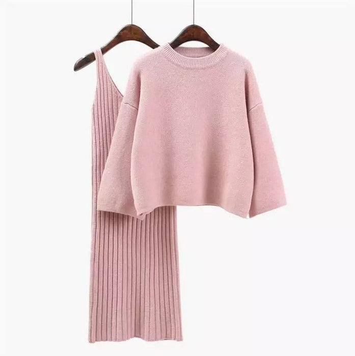 Cashmere Soft Ribbed Knit Dress And Long Sleeve Sweater Two Piece Set - BEYAZURA.COM