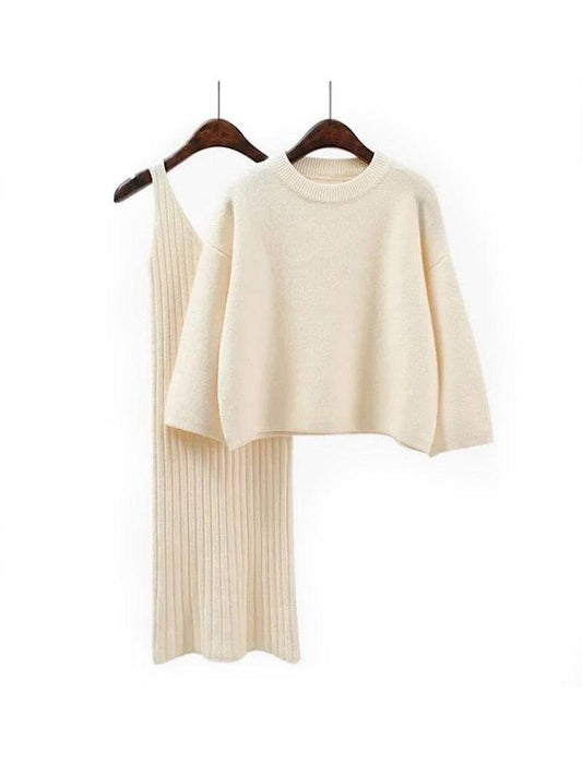 Cashmere Soft Ribbed Knit Dress And Long Sleeve Sweater Two Piece Set - BEYAZURA.COM