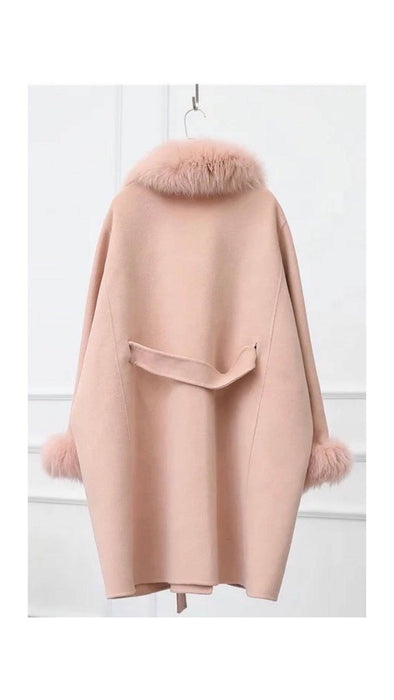 Cashmere Wool Removable Fox Fur Collar Belted Coat - BEYAZURA.COM