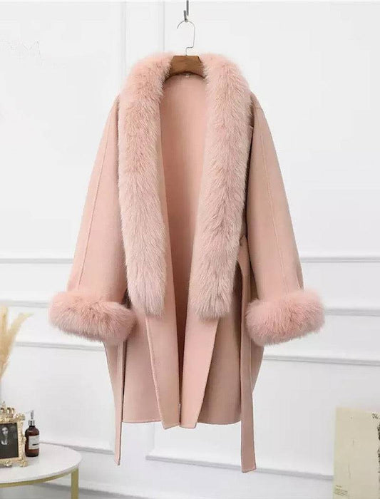 Cashmere Wool Removable Fox Fur Collar Belted Coat - BEYAZURA.COM