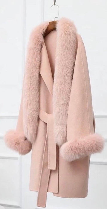 Cashmere Wool Removable Fox Fur Collar Belted Coat - BEYAZURA.COM