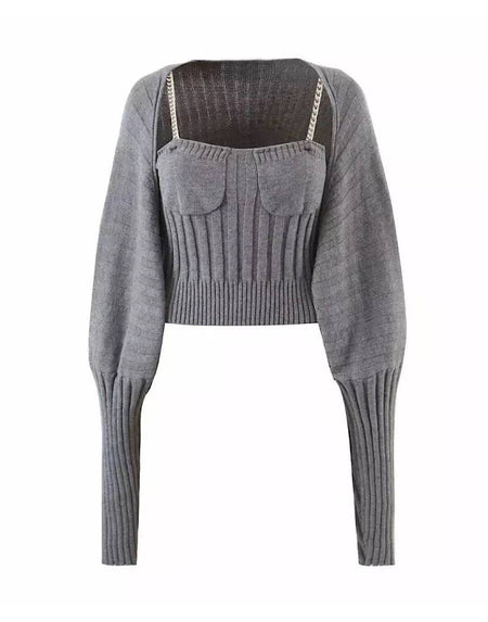Chain Strap Top And Cardigan Knit Set - BEYAZURA.COM