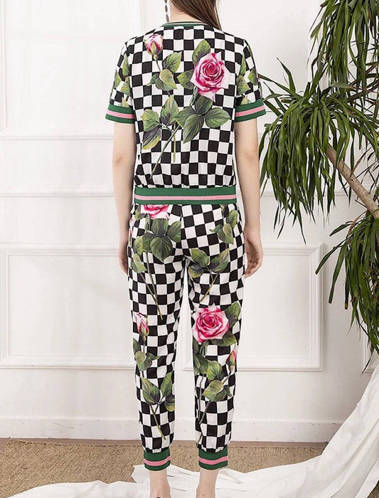 Checkers Rose Print Top and Pants Set - BEYAZURA.COM