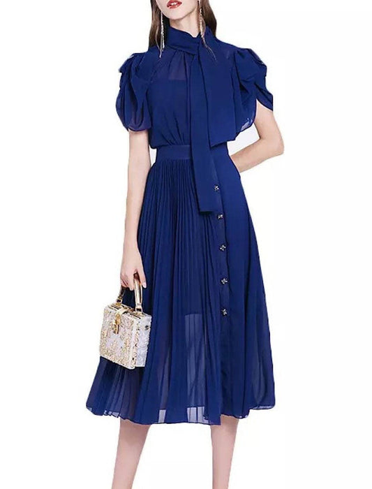 Chiffon Pleated Skirt Stand Collar Midi Dress - BEYAZURA.COM