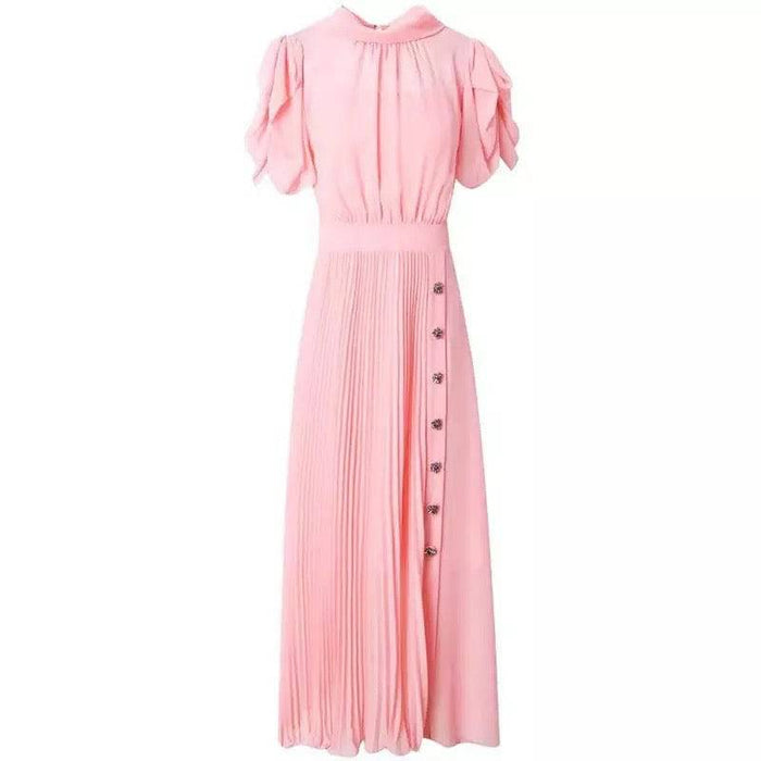 Chiffon Pleated Skirt Stand Collar Midi Dress - BEYAZURA.COM