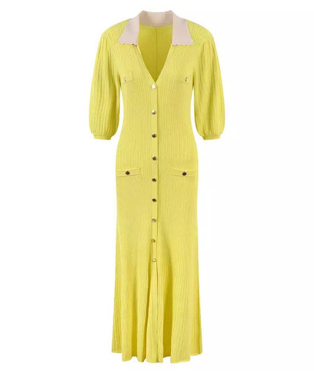 Collared Knit Button Down Dress In Yellow - BEYAZURA.COM
