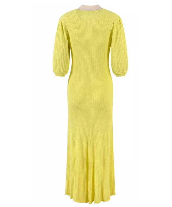 Collared Knit Button Down Dress In Yellow - BEYAZURA.COM