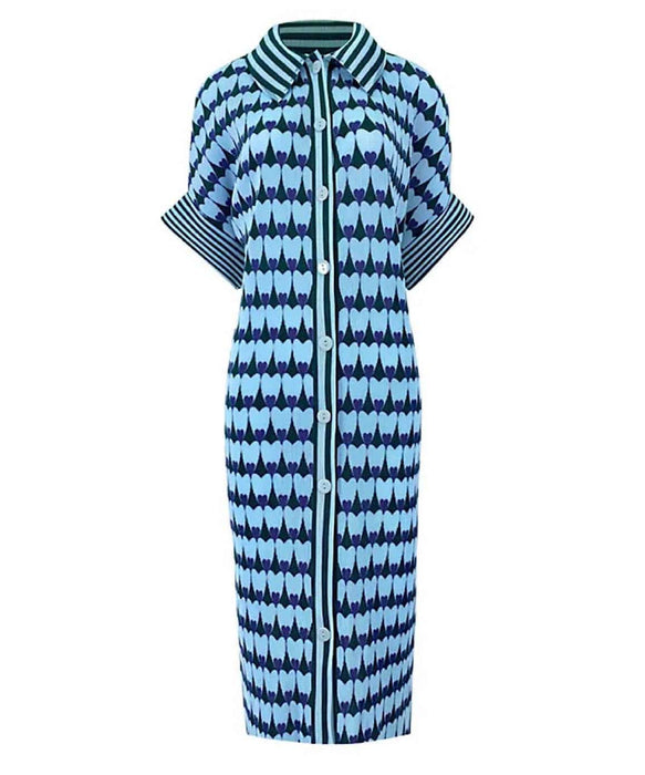 Collared Short Sleeve Printed Short Dress In Blue - BEYAZURA.COM