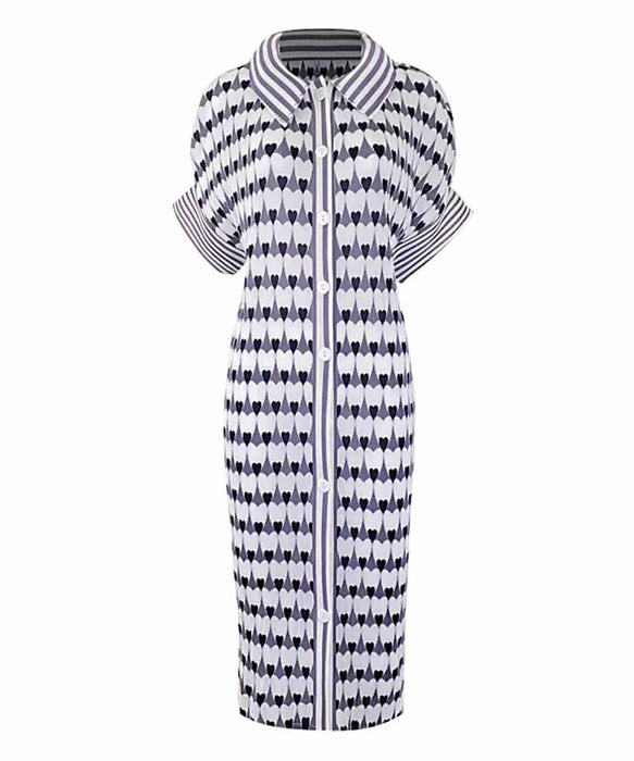 Collared Short Sleeve Printed Short Dress In Gray - BEYAZURA.COM